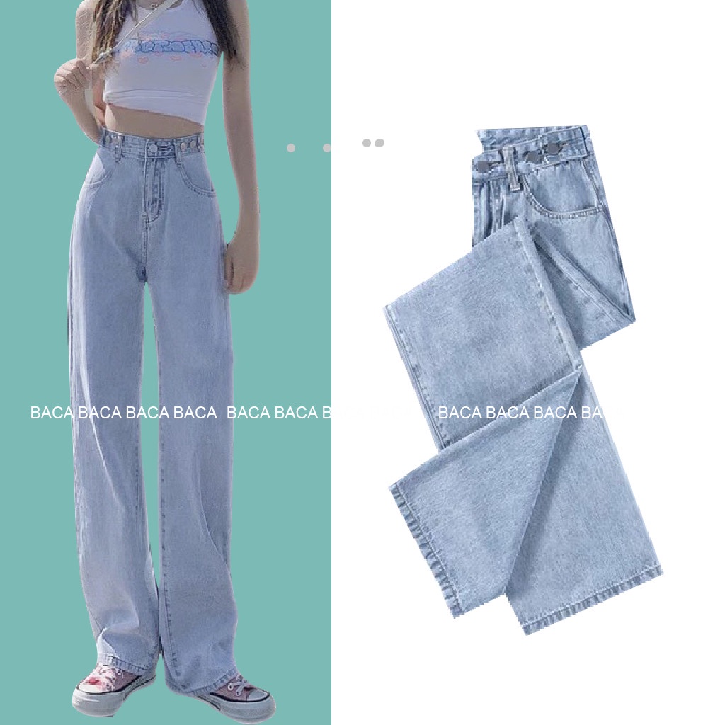 Quần Jean Nữ Ống Rộng Màu Xanh Dài 100cm Chỉnh Eo Nhỏ
