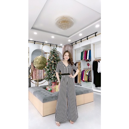 Jumpsuit thiết kế kẻ sọc Quý tộc trắng đen