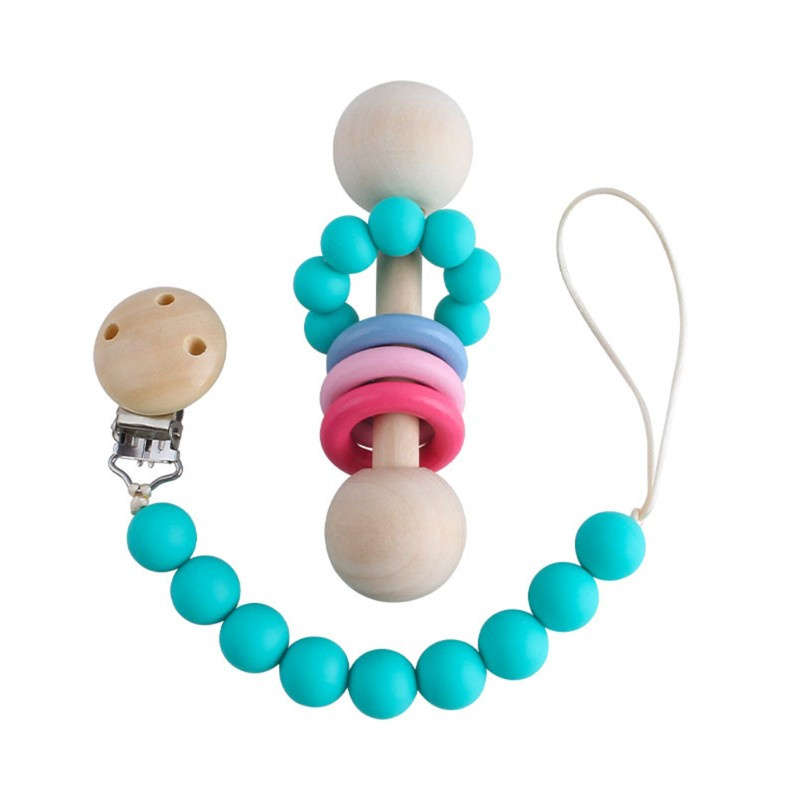 Bộ đồ chơi lục lạc gỗ và dây đeo núm ti em bé bằng silicon