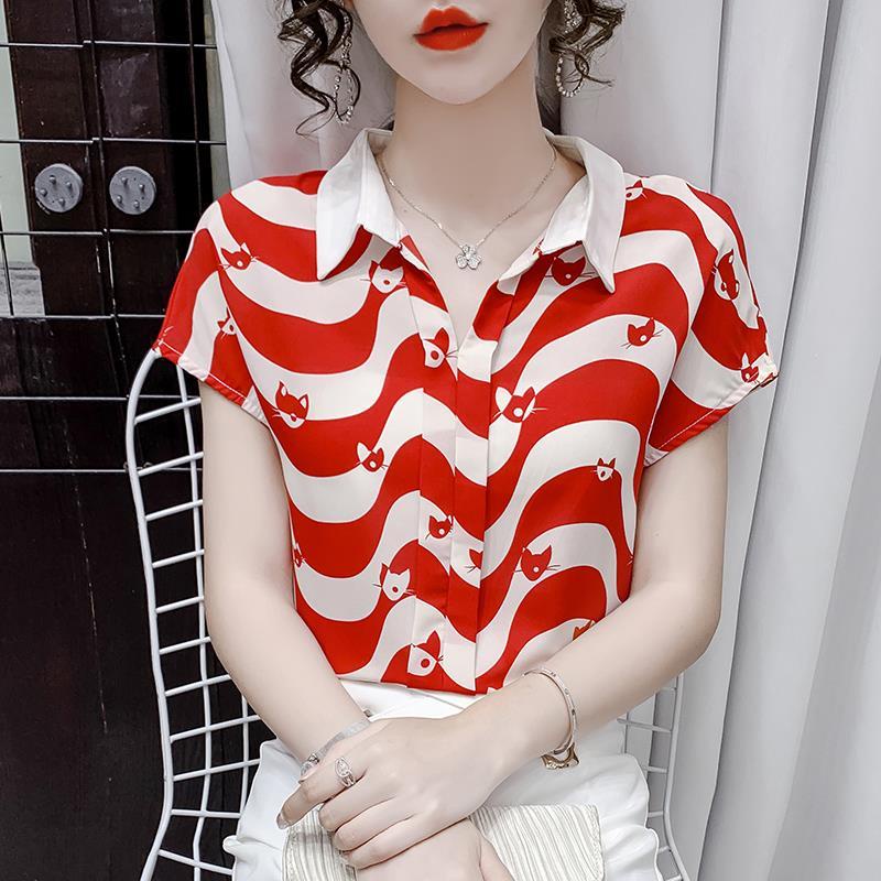 Áo Thun chiffon Ngắn Tay Họa Tiết Kẻ Sọc Thời Trang Mùa Hè Dành Cho Nữ Trung Niên