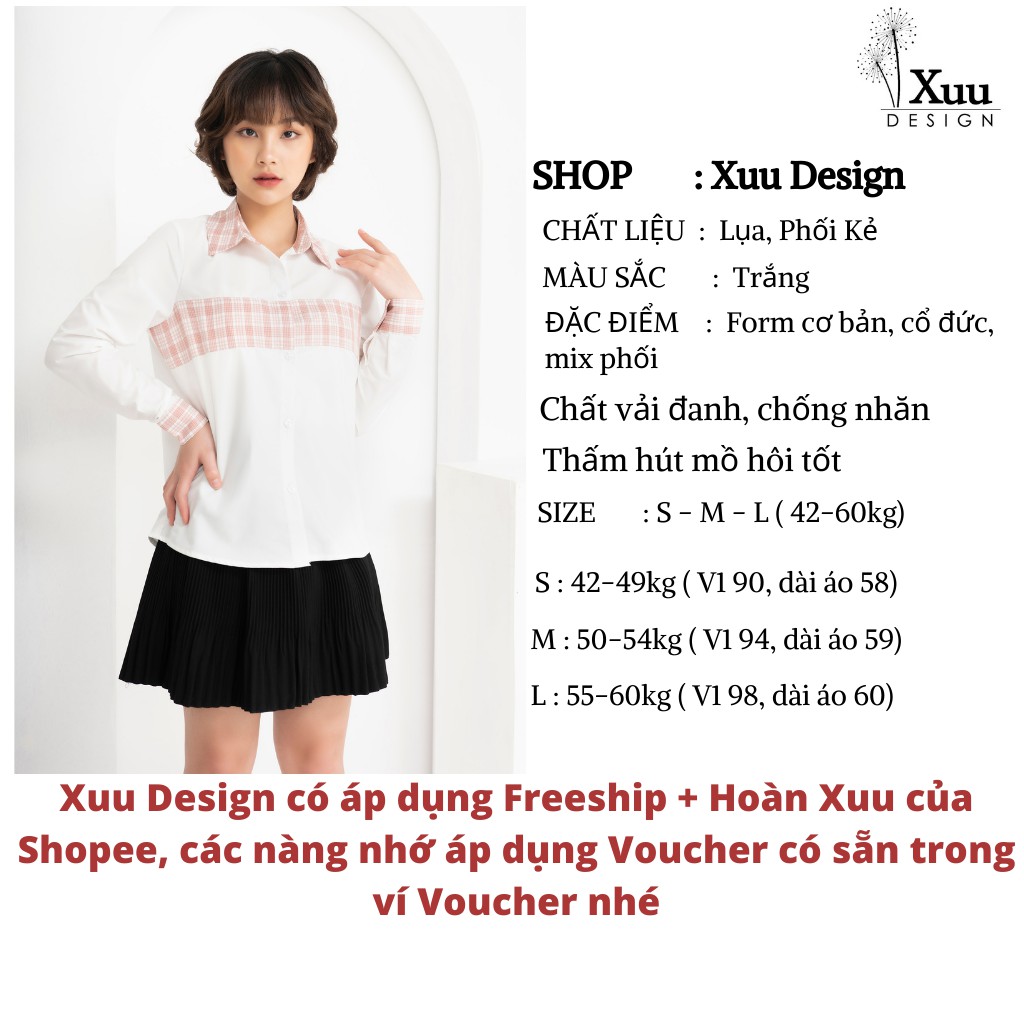 Áo Sơ Mi Nữ Xuu Design, Áo Kiểu Trắng Phối Kẻ Thời Trang, Chất Vải Lụa Hàn SP35