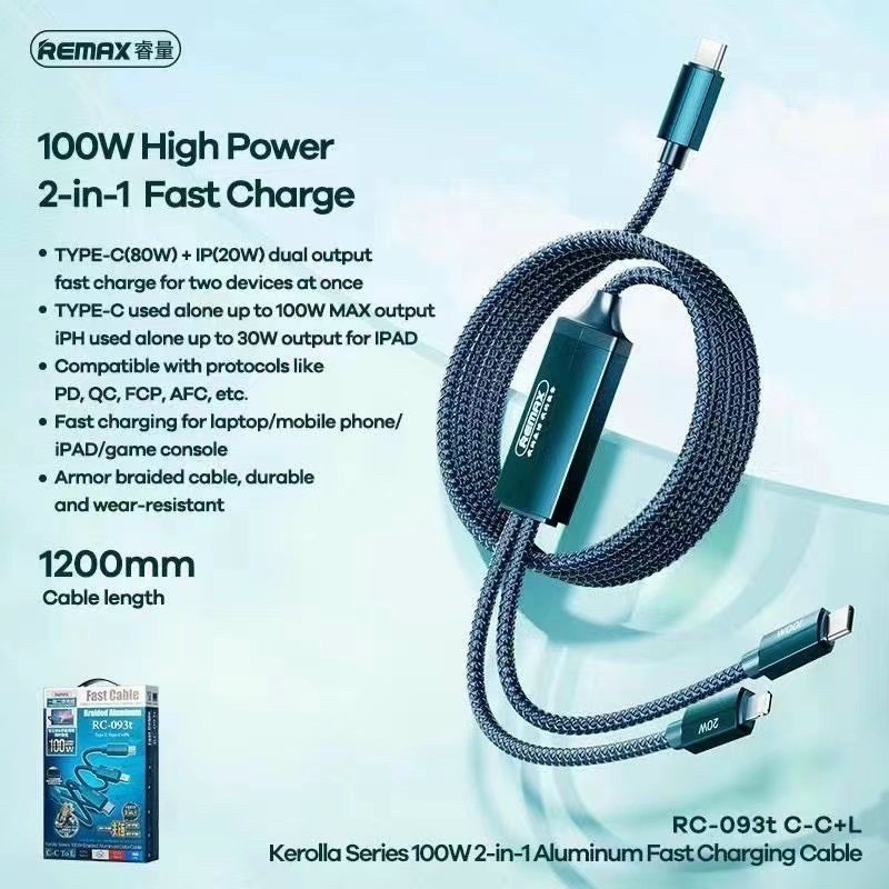 Cáp Sạc Nhanh Đa Năng 2in1 Type C to C+L 100W Remax RC-093T