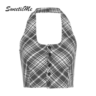 SweeticMe Women's Fashion Plaid Blackless Halter Top