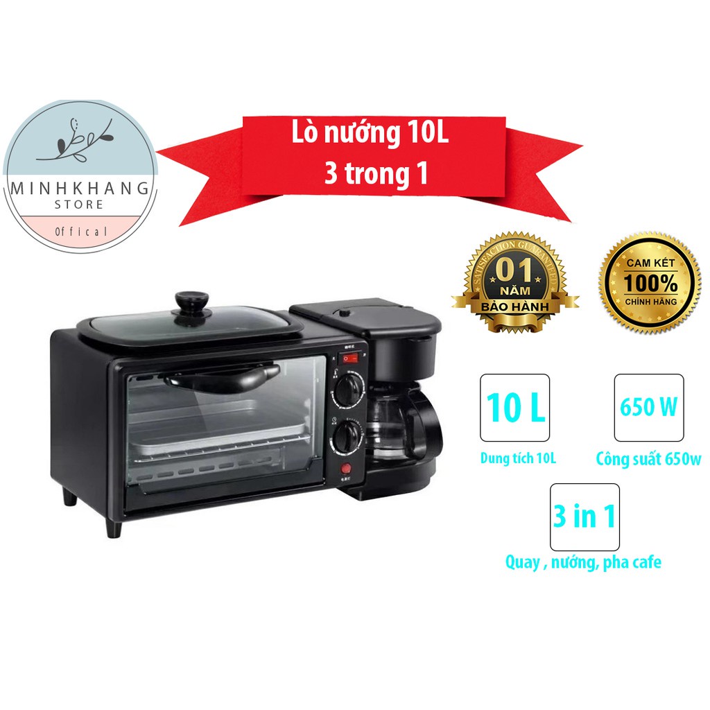 Lò nướng 10 Lít 3 trong 1, bếp nướng điện kèm ấm đun nước, pha trà, pha cà phê và chảo rán tiện lợi .