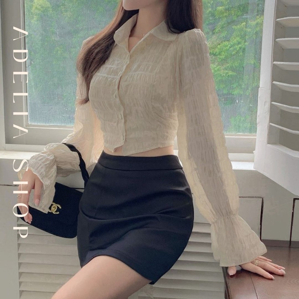 Sơ Mi Tiểu Thư | Áo Sơ Mi Croptop Thắt Nơ Lưng Cổ Bẻ Tay Bồng Chất Mát Ulzzang 2022, Hàng Quảng Châu Loại 1