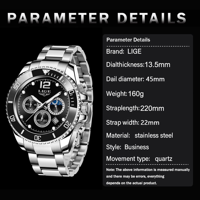 LIGE 8924 Men's Watch Fashion Stainless Steel Waterproof Quartz Automatic