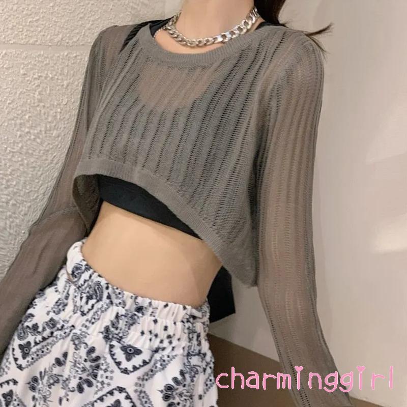QAQ-Women´s Bikini Cover Up Solid Color Long Sleeve Round Neck Cutout Sheer Knitted Cropped Tops