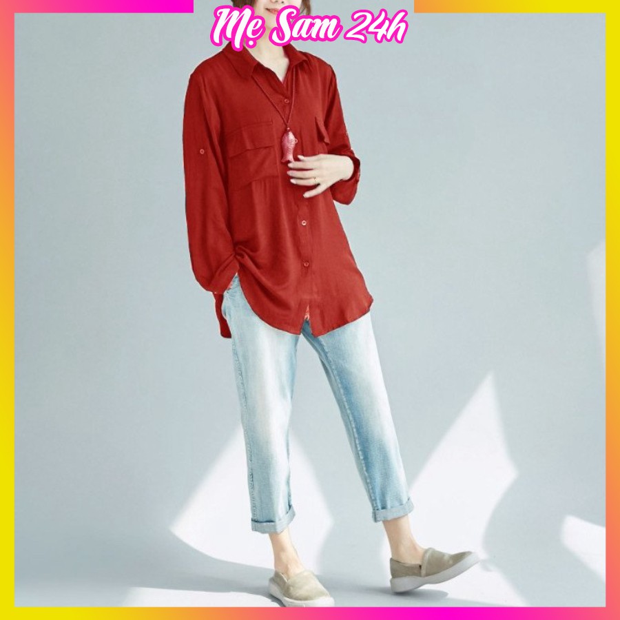 Áo sơ mi nữ dài tay form rộng, sơ mi đũi Mẹ Sam 24h, chất liệu mềm mát, size từ 40 đến 85kg SMH.47