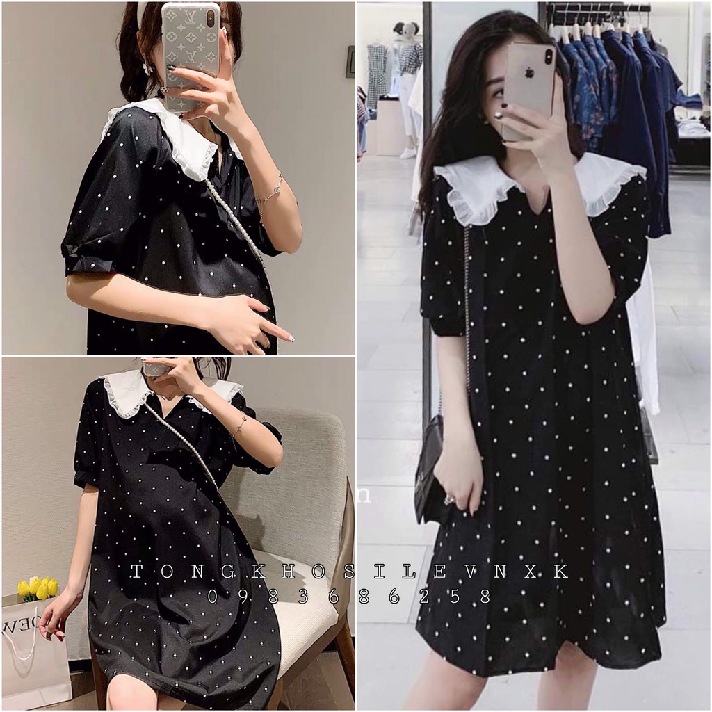 VÁY CHẤM BI ĐEN CỔ BÈO - ĐẦM SUÔNG CHẤM BI CỔ V ULZZANG