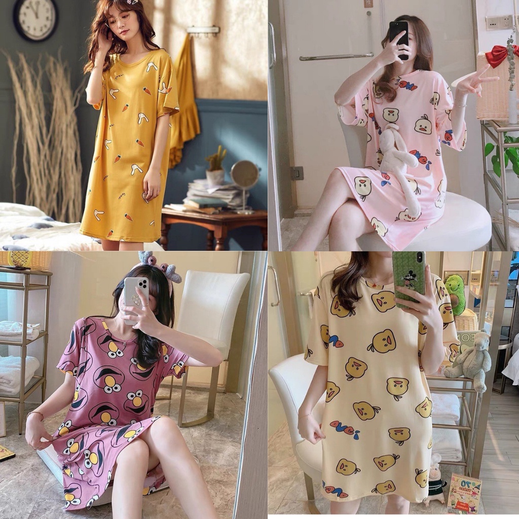 Váy ngủ cộc tay đầm ngủ dáng suông chất cotton mềm mát họa tiết hoạt hình dễ thương K5-C1