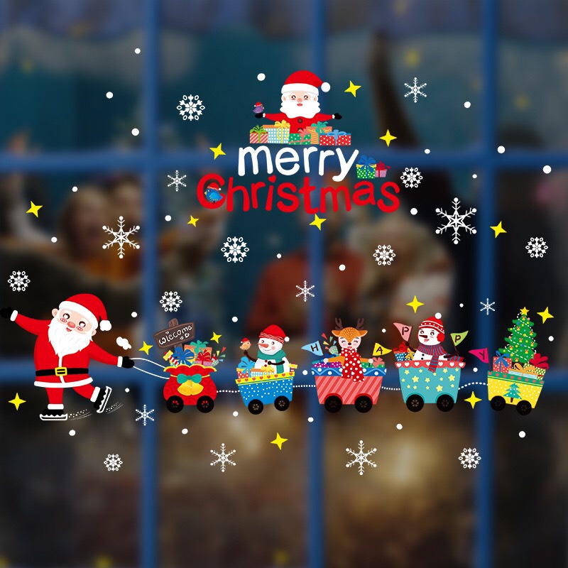 Decal trang trí Noel Hít Tĩnh Điện - Combo 2 tấm Rèm dây thông và Noel xe kéo
