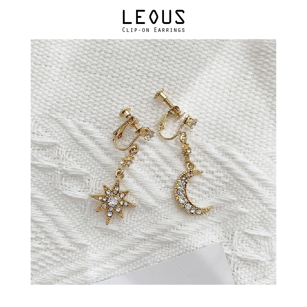 Khuyên tai kẹp không bấm lỗ chốt điều chỉnh K021 bằng hợp kim mạ vàng hình mặt trăng ngôi sao đính đá dáng dài Leous
