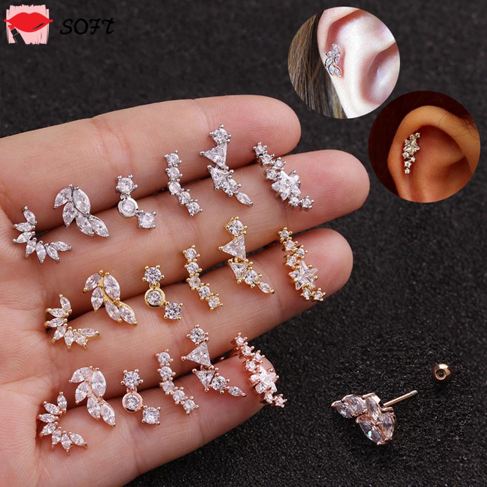 SOFTNESS 1PC Body Jewelry Piercing Earring Cz Zircon Stainless Steel Cartilage Ear Stud Cute Star Leaves Back Screw Rose|Helix Tragus/Multicolor