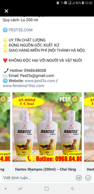 Sữa tắm chó mèo hantox shapoo vàng 200ml