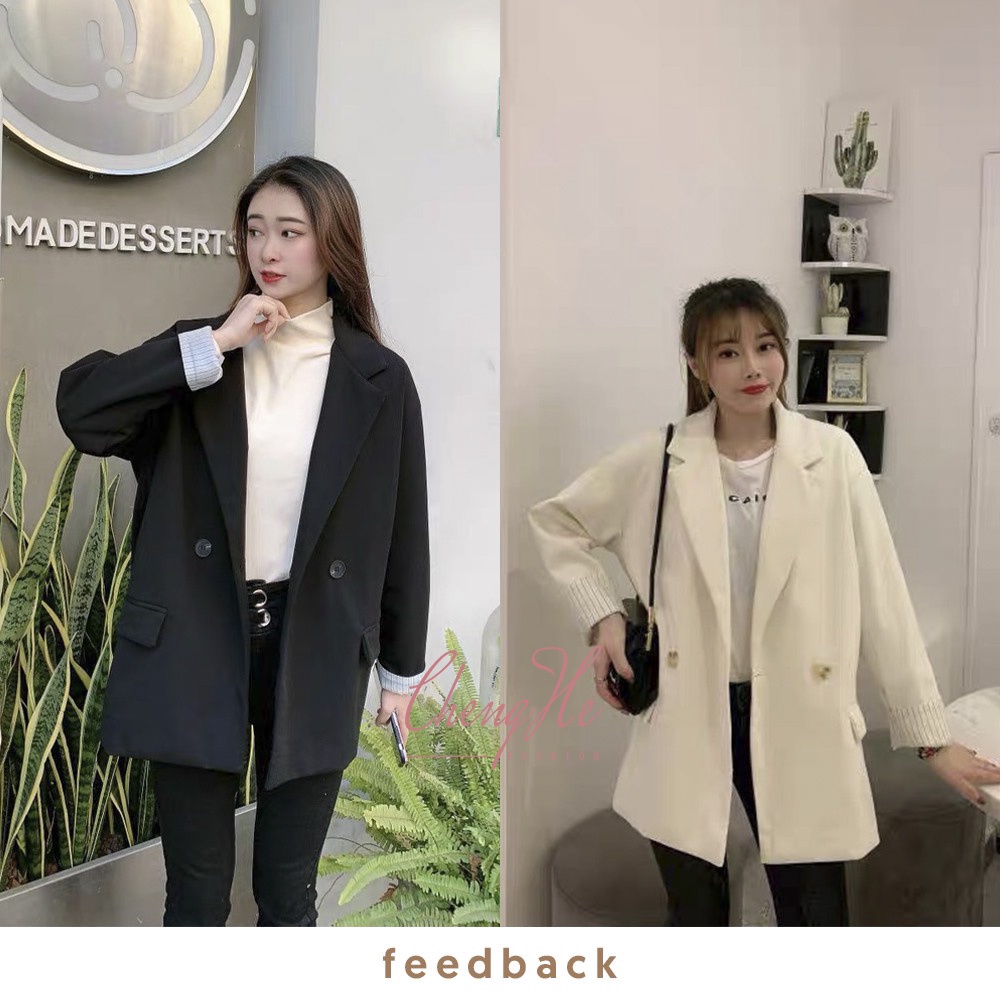 Áo khoác blazer công sở cài cúc kèm túi dài tay dáng rộng phong cách nữ tính A00017
