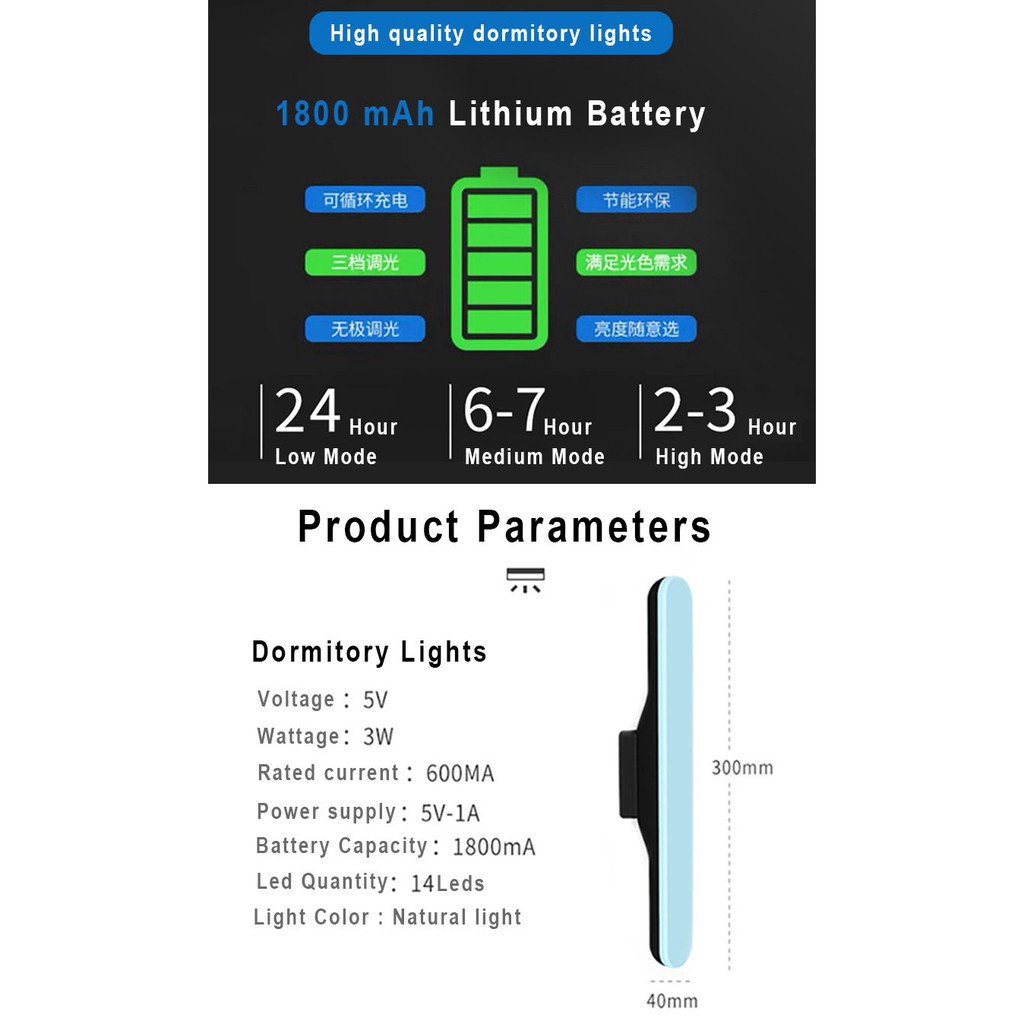 Thanh đèn led Licer 1800mAh có thể sạc lại bằng cáp USB bảo vệ mắt người sử dụng kèm phụ kiện