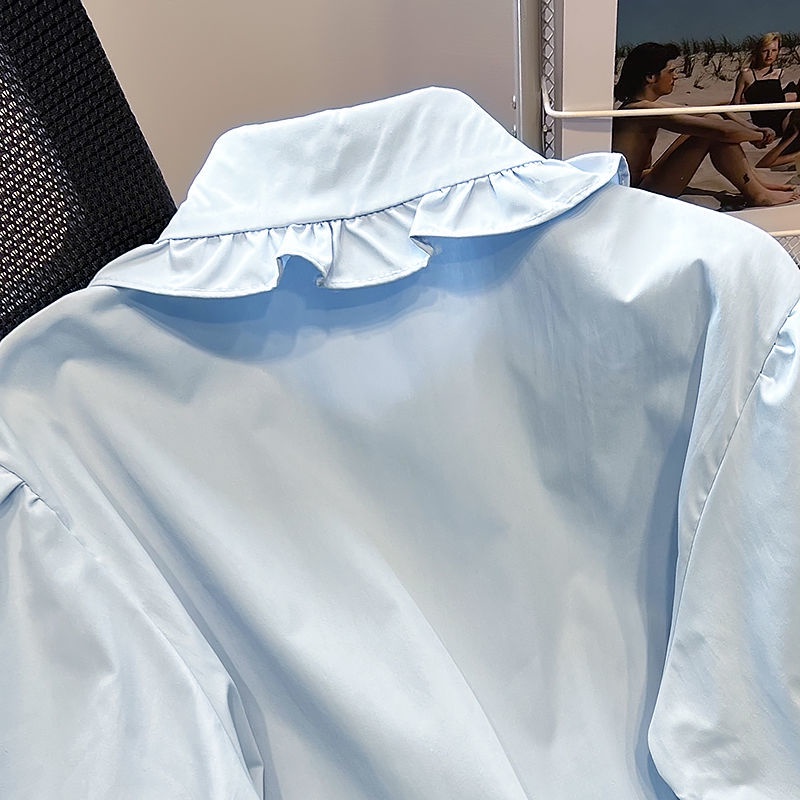 Áo Sơ Mi Tay Ngắn Phồng Cổ Búp Bê Màu Xanh Dương Thời Trang Mùa Hè Cho Nữ