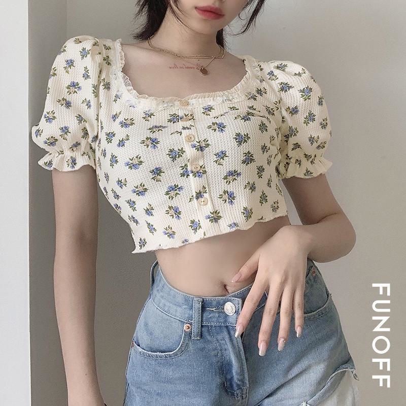 Áo Croptop tay phồng cổ vuông họa tiết hoa thời trang S-2XL