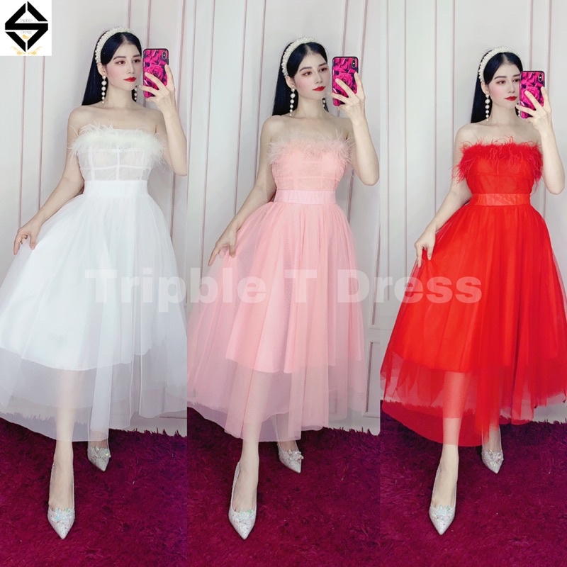 Đâm xoè công chúa cúp ngực phối viền lông tua rua siêu xinh TRIPBLE T DRESS - size M/L -MS373V