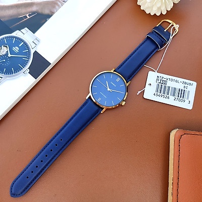 Đồng hồ Nam Casio MTP-VT01GL-2B, đồng hồ chính hãng, dây da trơn xanh mặt xanh, viền vàng