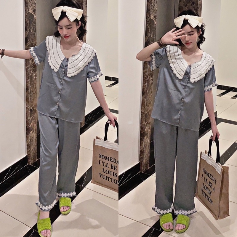 Đồ bộ pijama Tiểu Thư mặc nhà Lụa satin phối ren tay ngắn quần dài dầy dặn cao cấp sang trọng cho bạn nữ