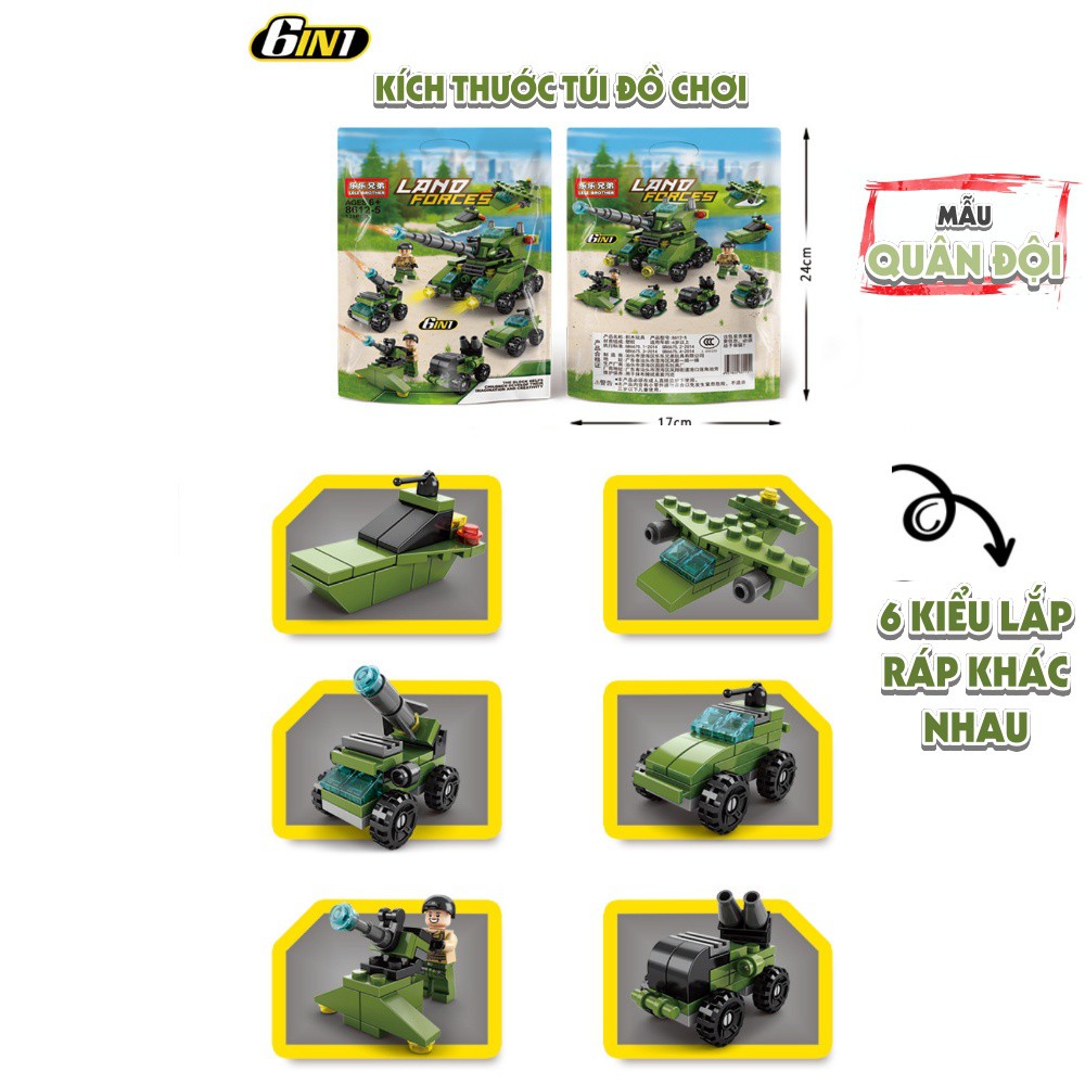 Bộ đồ chơi lắp ráp xe công trình xe cứu hoả xe hải quân kiểu Lego 6in1 (6 cách ráp trong 1 hộp) an toàn sắc nét cho bé