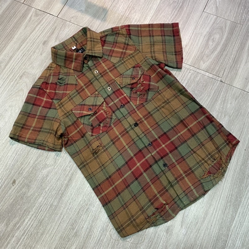 Áo sơ mi cộc tay kẻ rách gấu phối túi cao cấp 2350, sơ mi nam ngắn tay kẻ BBR new-Bin Store