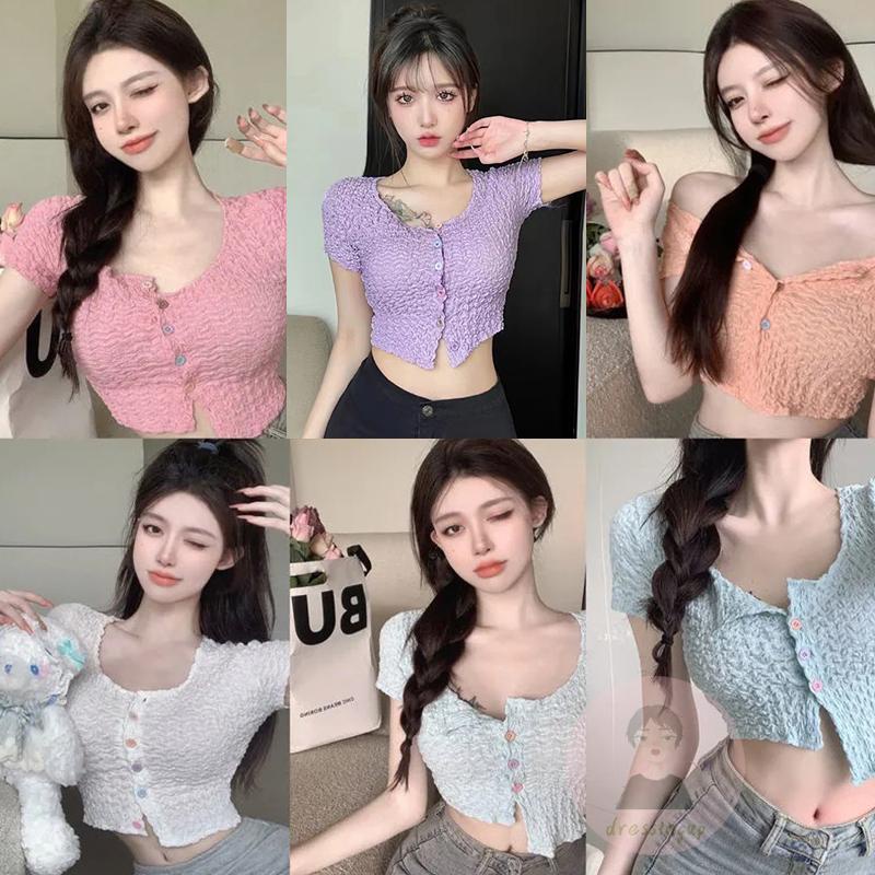 Áo Thun Ngắn Tay Cổ Tròn Hở Rốn Xếp Ly Cài Nút Màu Sắc Thời Trang Cho Nữ