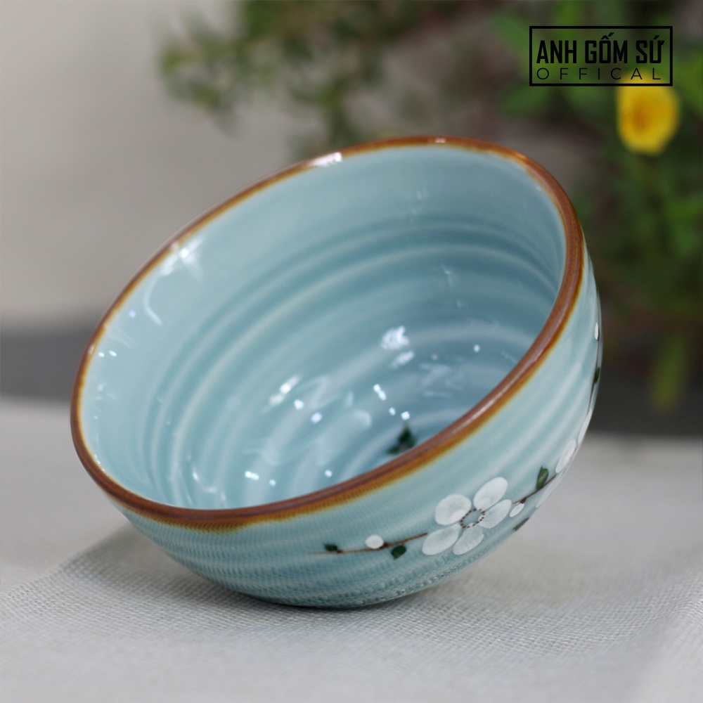 Tô canh sứ, bát tô sứ men lam ngọc vẽ hoa anh đào trắng - Hàng Bát Tràng