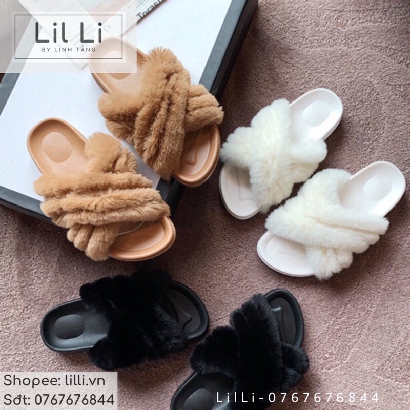 Dép lông quai ngang quai chéo lông xù bản to cao cấp mang trong nhà, văn phòng, đi chơi