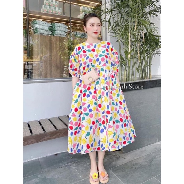 VÁY BẦU BABY DOLL HOA QUẢ, MẪU MỚI TRẺ TRUNG, CAM KẾT Y HÌNH Ạ FREESIZE