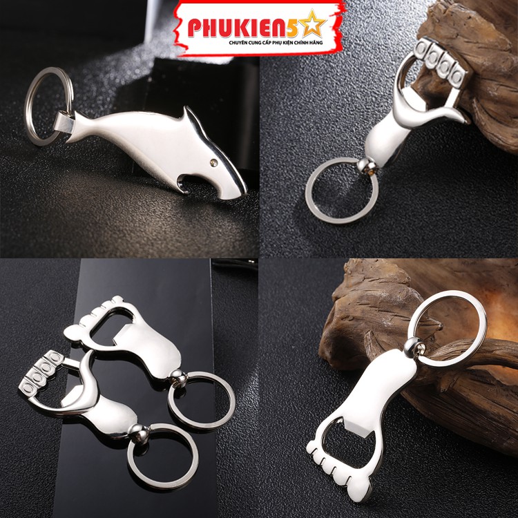 Móc Khóa Mở Nắp Chai hình bàn tay, bàn chân, cá heo chất liệu inox sáng bóng không rỉ