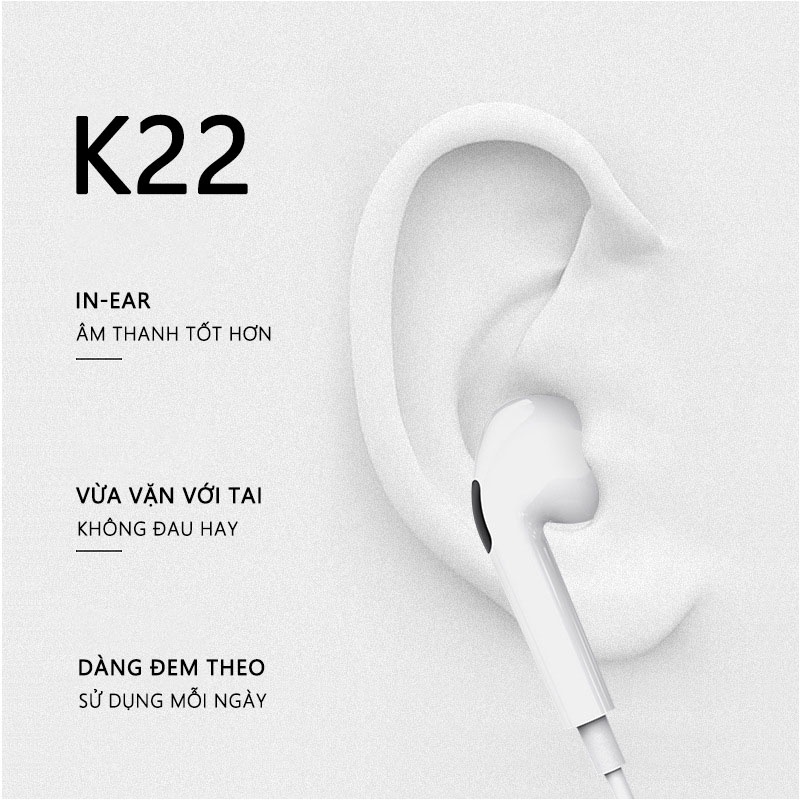 Tai nghe nhét tai có dây K22 giắc cắm 3.5mm tích hợp micro chất lượng cao dành cho điện thoại - 3C04
