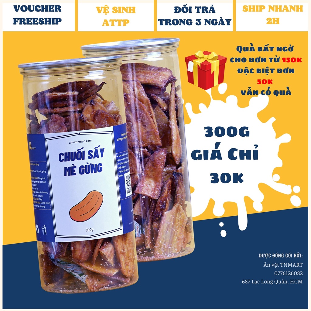 Chuối sấy mè gừng 300g thực phẩm ngon rẽ - Ăn vặt TNmart