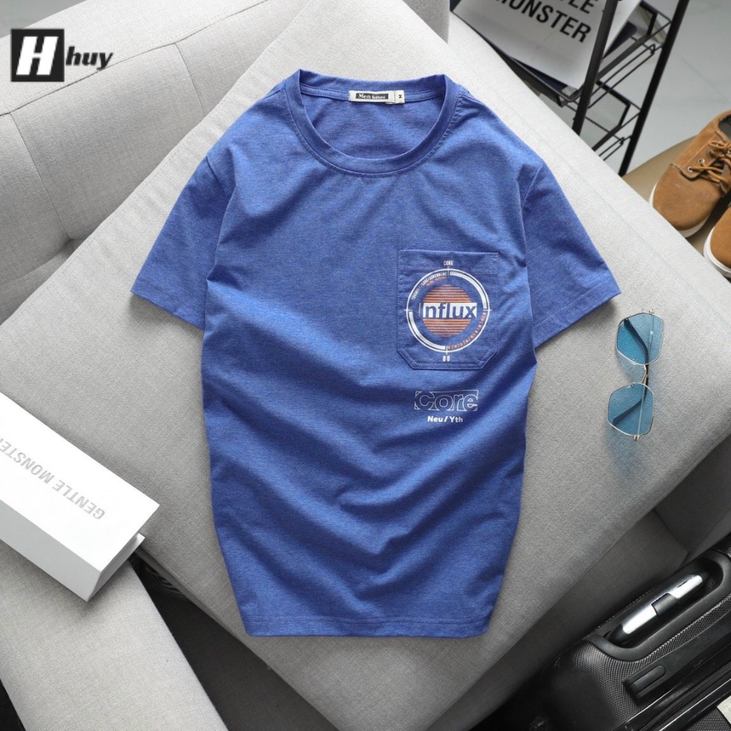 Áo thun nam cổ tròn phối túi in họa tiết chữ đơn giản, basic, ngắn tay, chất liệu vải 100% cotton