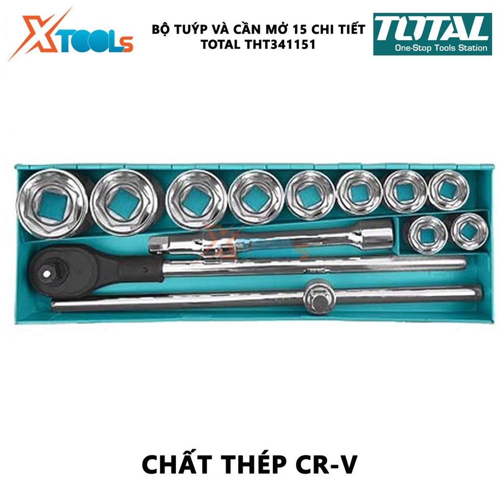 Bộ tuýp và cần mở 15 chi tiết TOTAL THT341151 | Bộ 15 tuýp size 30-32-34-36-38-41-46-50-55-60mm [CHÍNH HÃNG] [XTOOLs]
