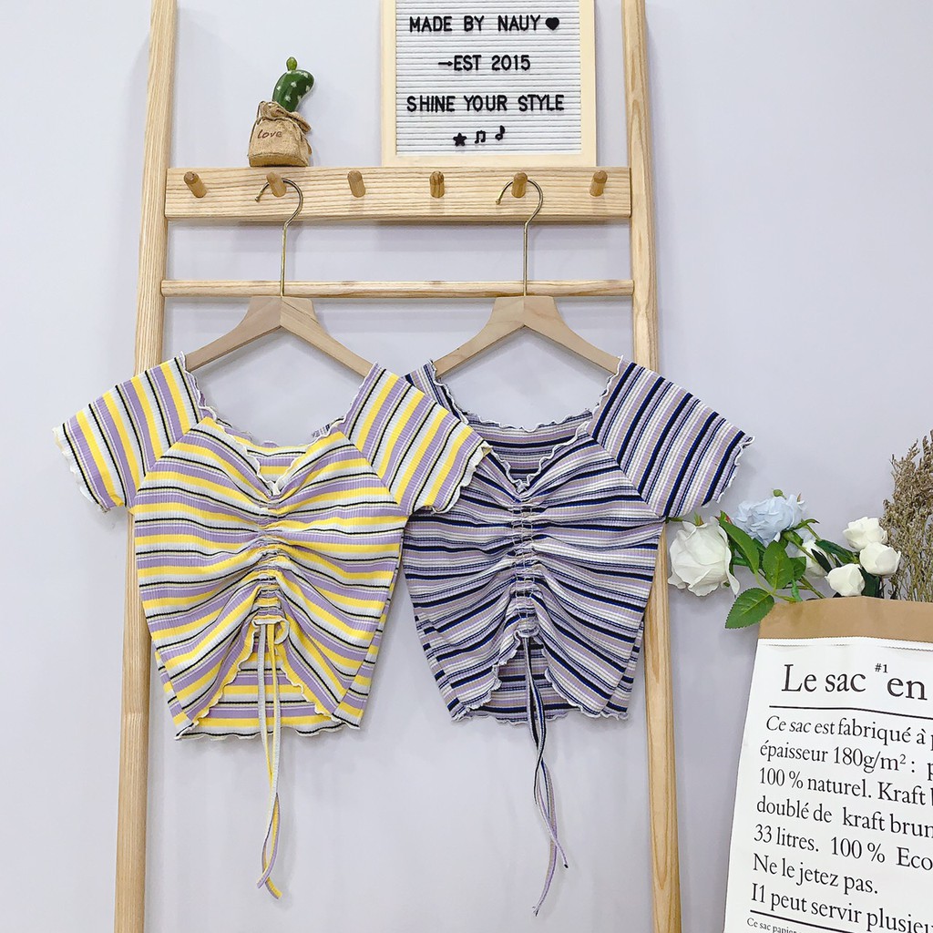 Siêu phẩm thun gân sọc màu phối rút dây ngực xinh xinh