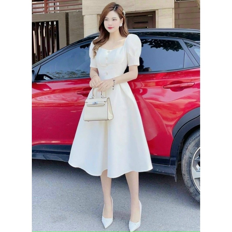 Đầm váy nữ dự tiệc sang trọng màu trắng tinh khôi cổ vuông đính cườm tay búp có mút ngực