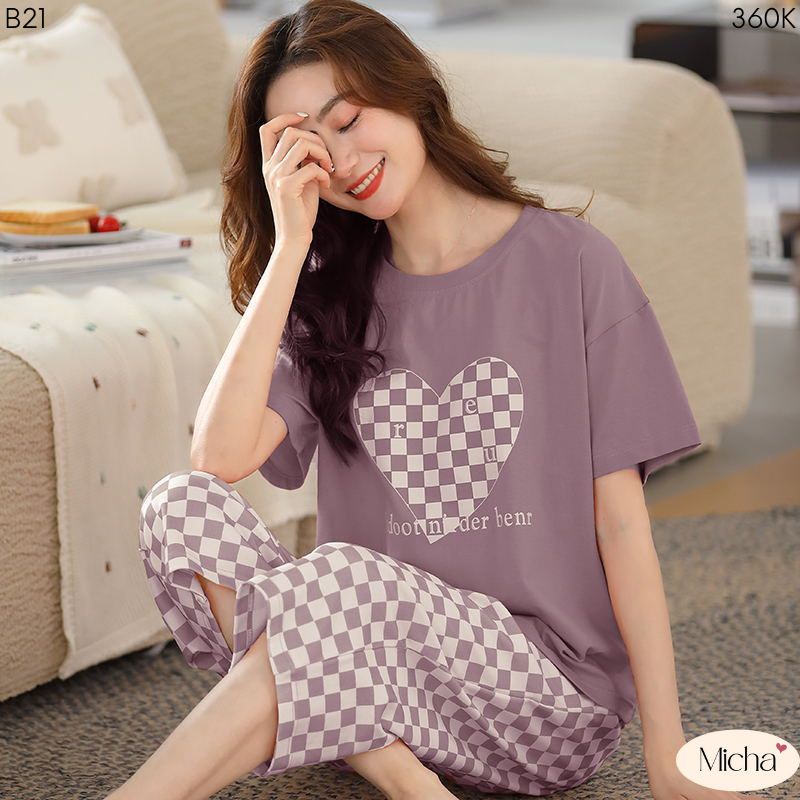 Bộ đồ nữ mặc nhà cotton cao cấp dáng quần lửng áo họa tiết trái tim - Micha B20-B21