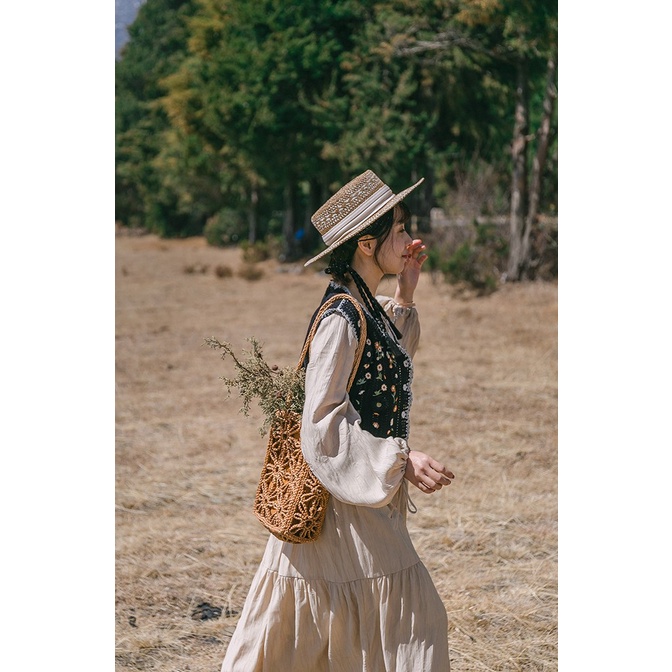 Set Gile len móc phối đầm Vintage dáng suông màu be tây cho mùa thu lãng đãng Layla Corner - Laylaland