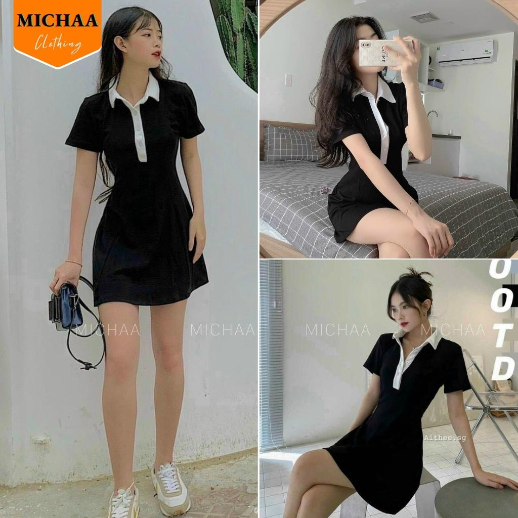 Đầm Váy Body CỔ POLO Phối Trắng Nữ Kiểu Tay Ngắn Dáng Xoè Tôn Dáng Mặc Đẹp - MICHAA