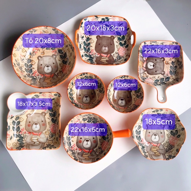 Bộ Bát Đĩa Decor Chén Dĩa Sứ Ăn Cơm Hoạ Tiết Gấu Cam Cute Decor Phong Cách Bắc Âu