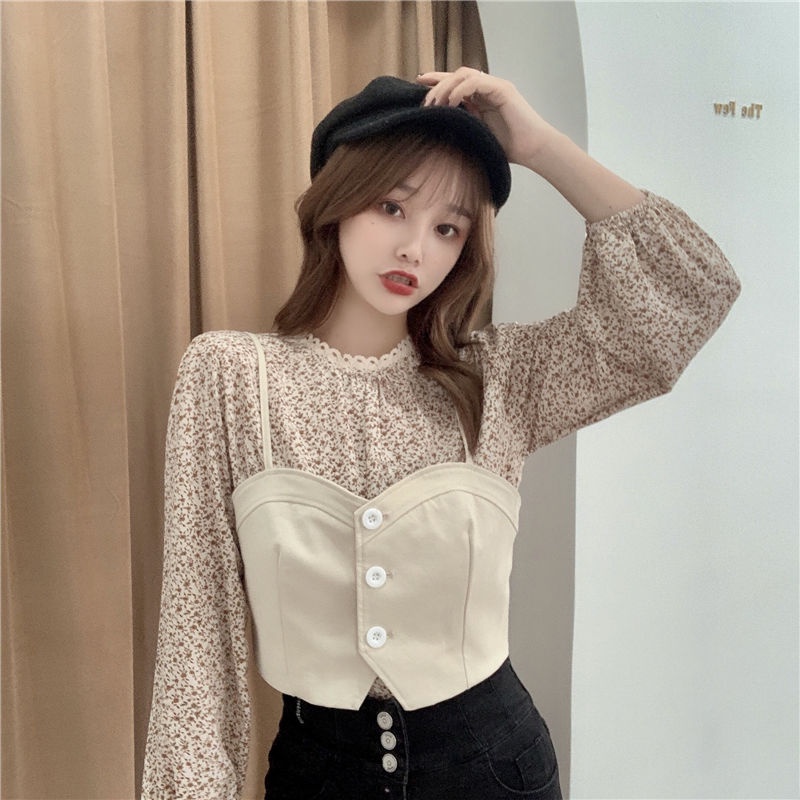 Set Áo Sơ Mi Voan Hoa + Áo Khoác Da Thời Trang Cho Nữ
