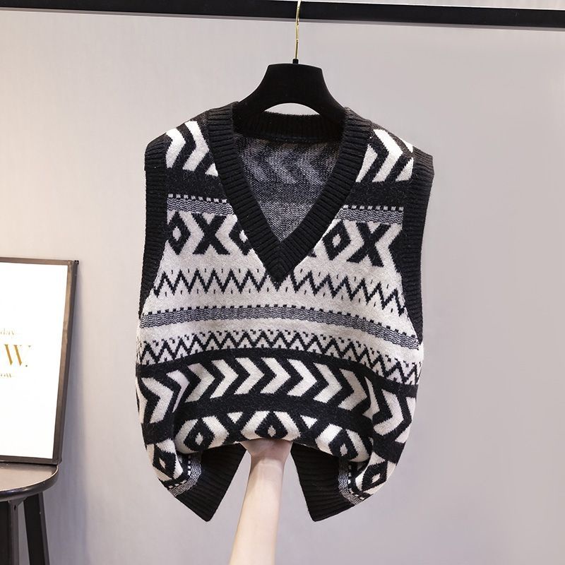 Áo Sweater Dệt Kim Không Tay Dáng Rộng Màu Sắc Tương Phản Phong Cách Retro Hàn Quốc