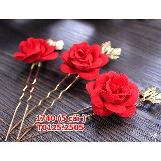 Bộ trâm hoa hồng lá đồng cài tóc cô dâu phụ kiện cưới mới (5 cái )