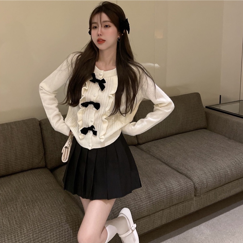 Áo sweater ZHELIHANGFEI dệt kim phối nơ màu đen phong cách phương tây dễ phối đồ dành cho nữ