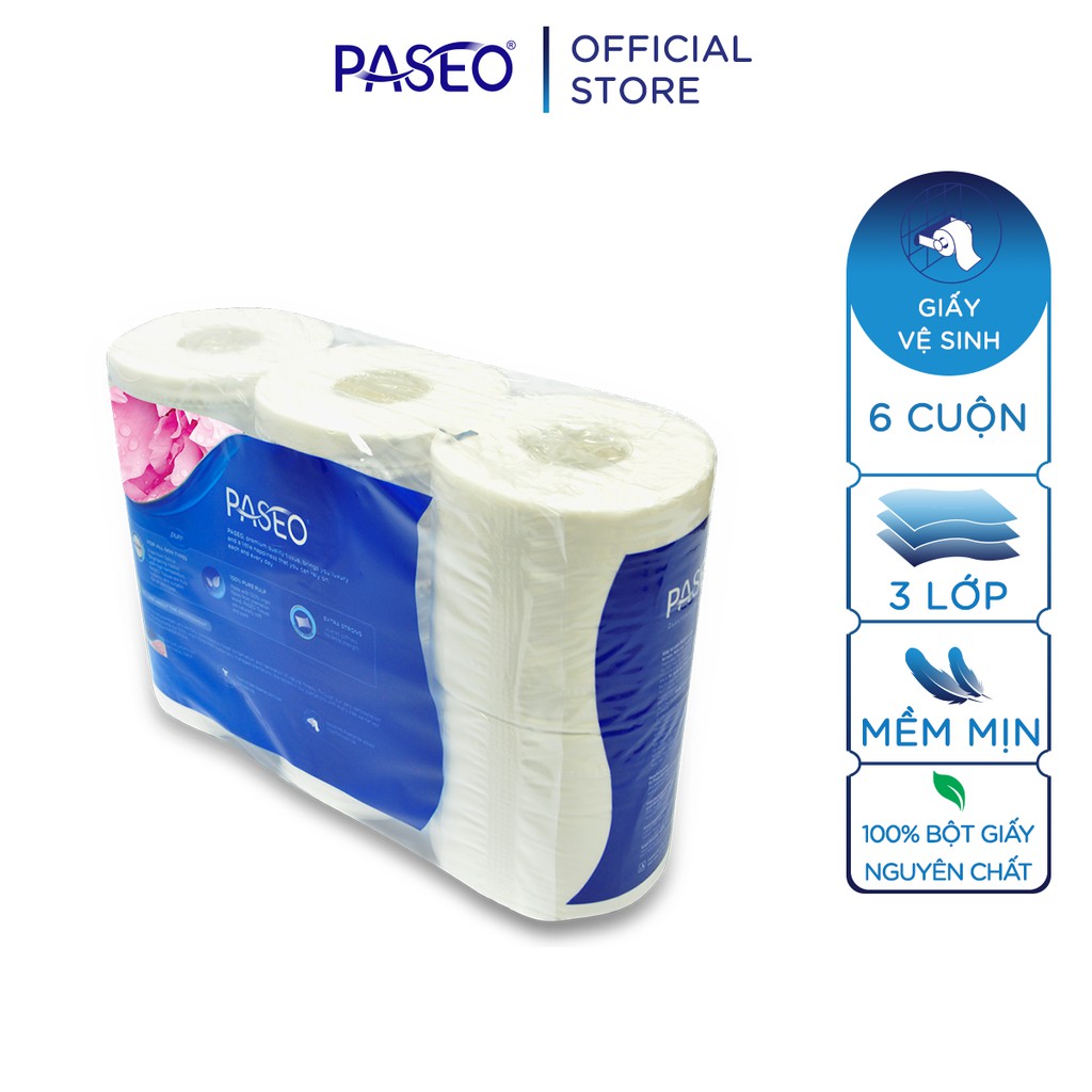 Combo 3 lốc giấy vệ sinh cao cấp Paseo siêu mềm mịn (6 cuộn 3 lớp)/lốc