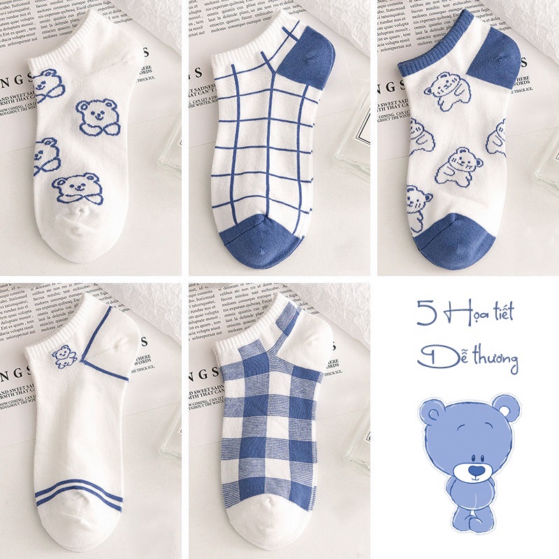 Tất nữ Choobe cổ ngắn cotton co giãn tốt chống hôi chân họa tiết hình gấu dễ thương set 5 đôi màu xanh PK21