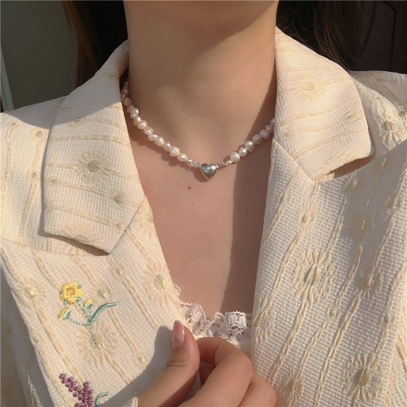 Vòng cổ choker DODDER xỏ hạt ngọc trai giả mặt dây hình trái tim thời trang cho nữ