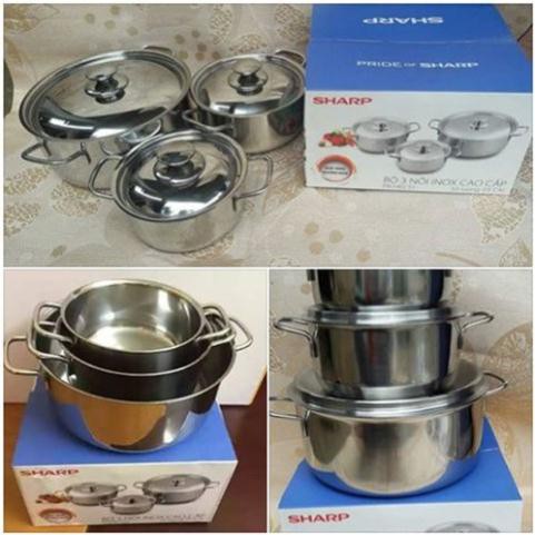 BỘ 3 NỒI SHARP NẮP INOX CAO CẤP - KÍCH THƯỚC 16CM, 20CM VÀ 24CM